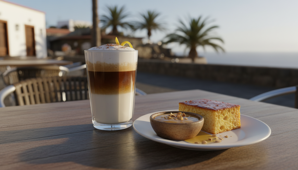 Layered barraquito coffee in a glass with Canarian desserts on a café table