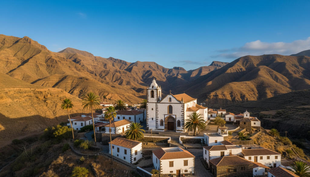 White church and old stone houses of Betancuria in a valley of brown mountains, Fuerteventura
