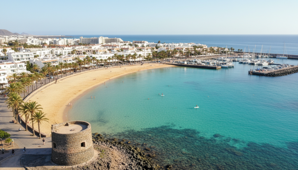 Calm sandy bay, small marina and white buildings at Caleta de Fuste, Fuerteventura
