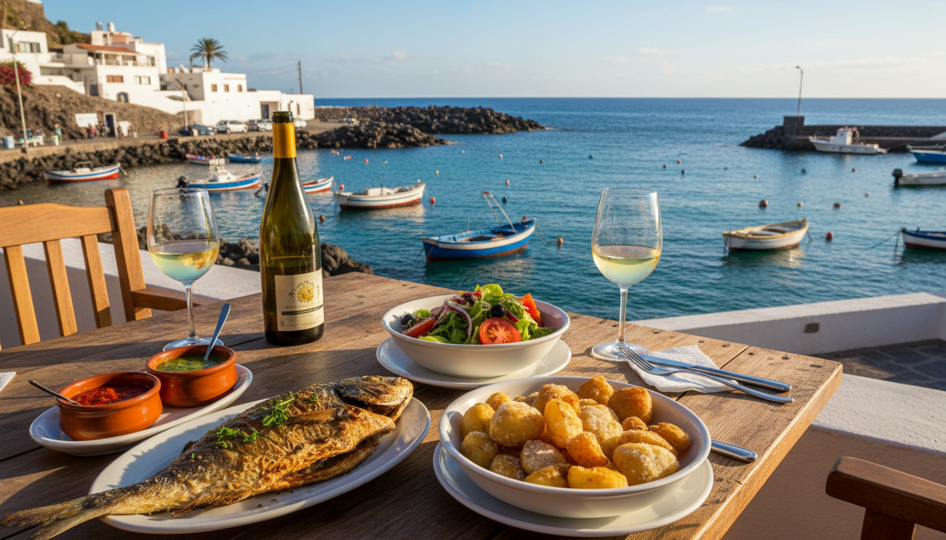 Grilled fish and local dishes on a seaside restaurant terrace in the Canary Islands