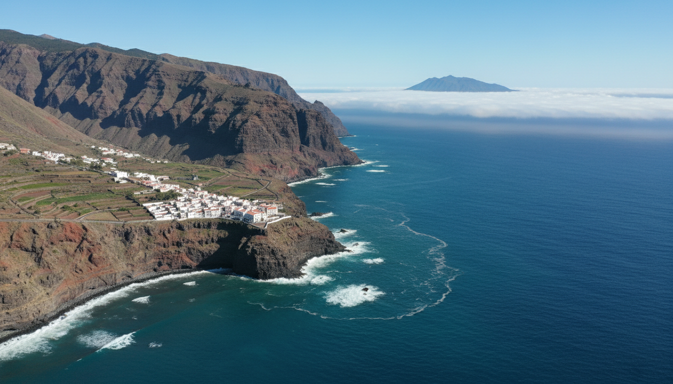 Volcanic Canary Island coastline seen from above with turquoise sea and another island on the horizon
