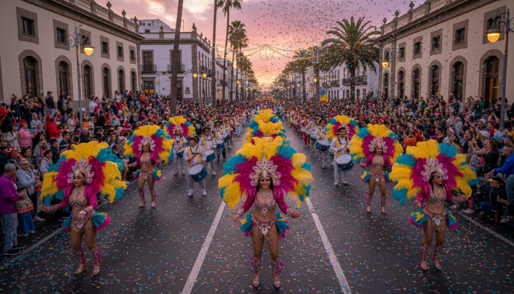 Colourful costumes, feathers and dancers at the Carnival of Santa Cruz de Tenerife