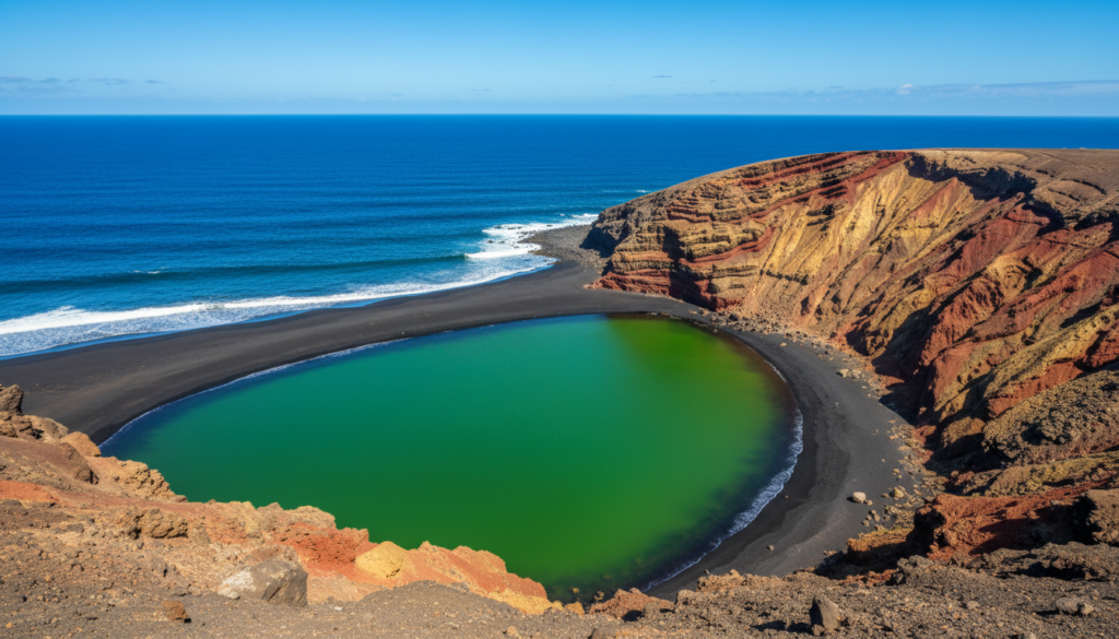 Green lagoon of Charco de los Clicos next to a black sand beach and red volcanic cliffs in Lanzarote