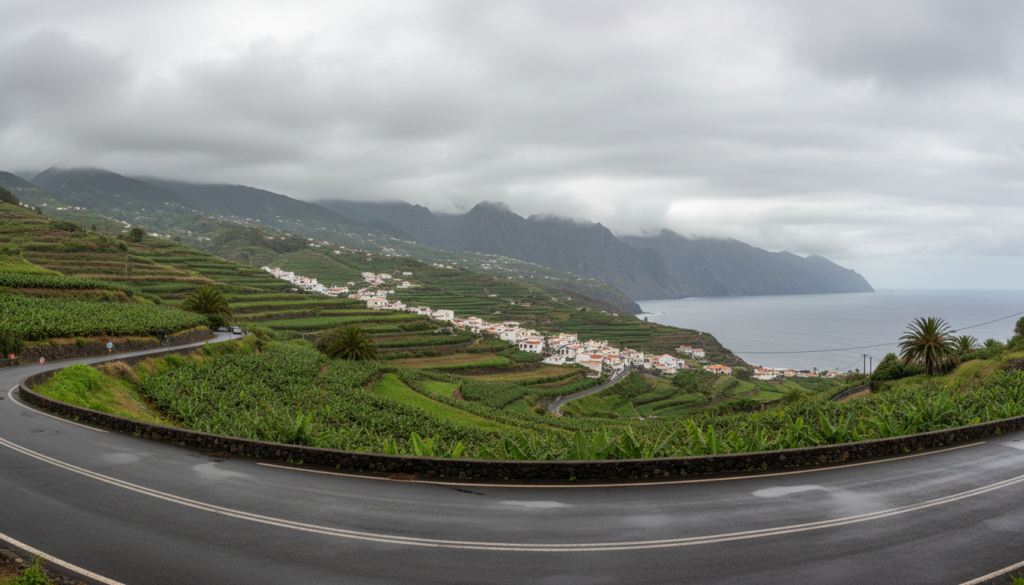 Green hills and village under grey winter clouds in the north of Tenerife