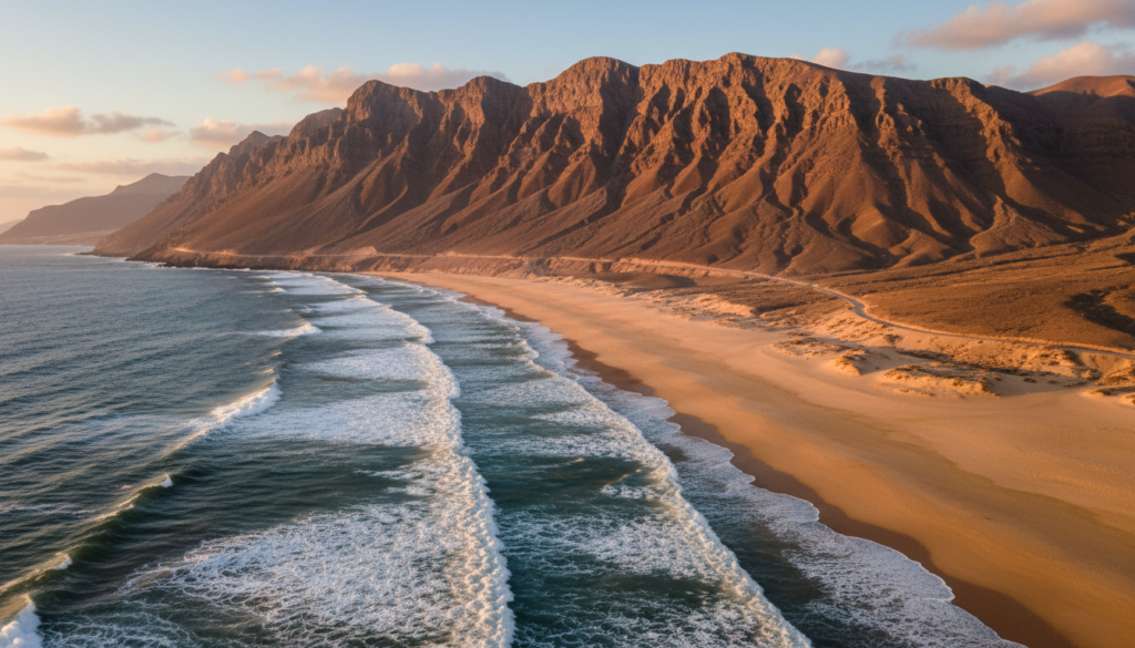 The wild empty beach of Cofete under the Jandia mountains in Fuerteventura