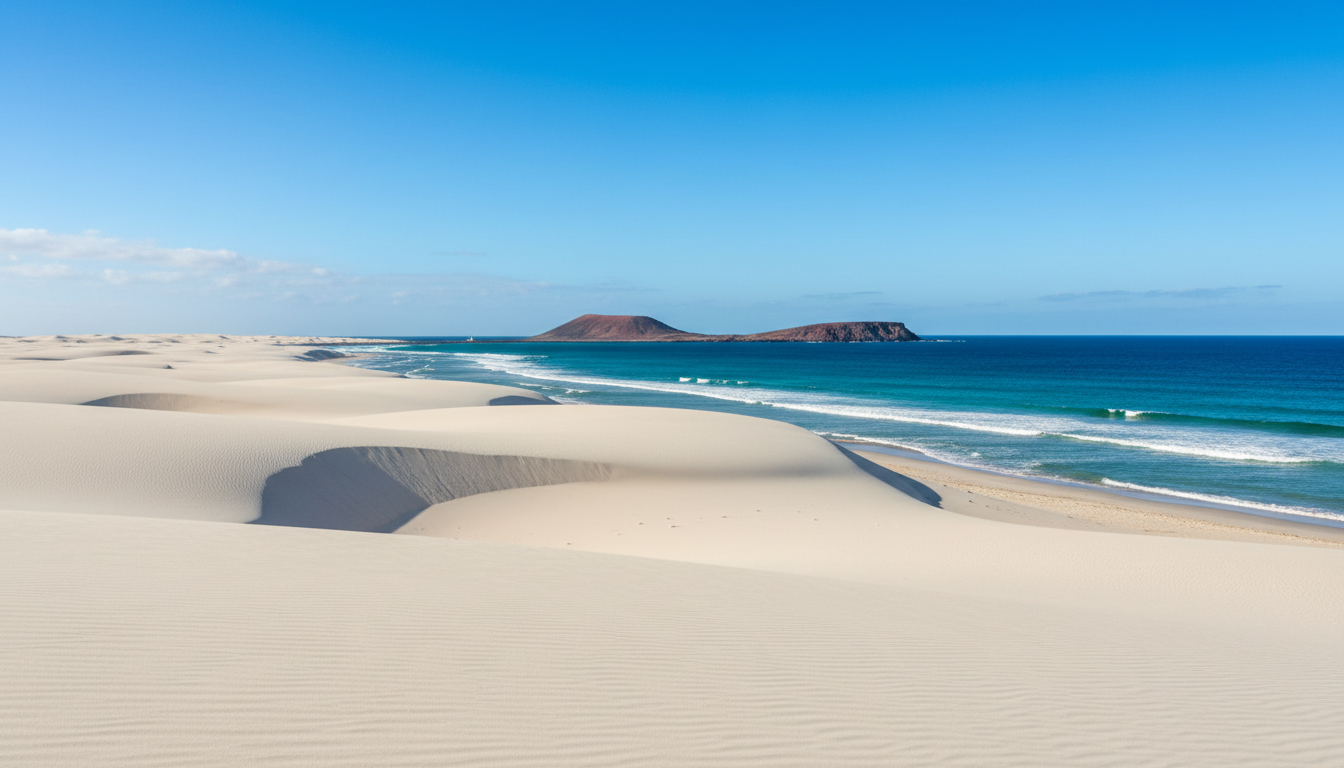 White sand dunes of Corralejo meeting turquoise sea in Fuerteventura