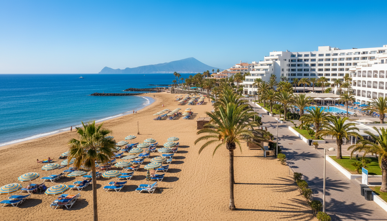 Sunny promenade and golden beach of Costa Adeje in the south of Tenerife
