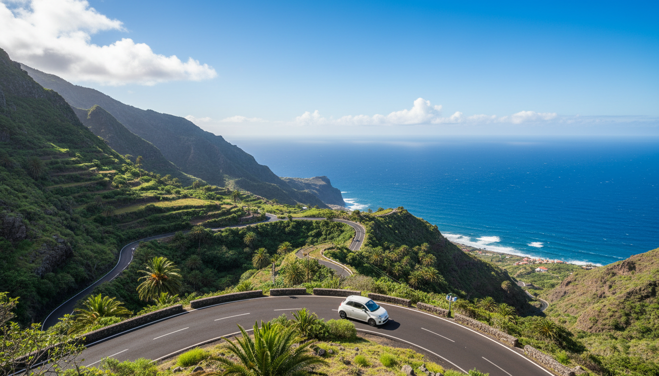 Small rental car on a winding mountain road with sea views in the Canary Islands