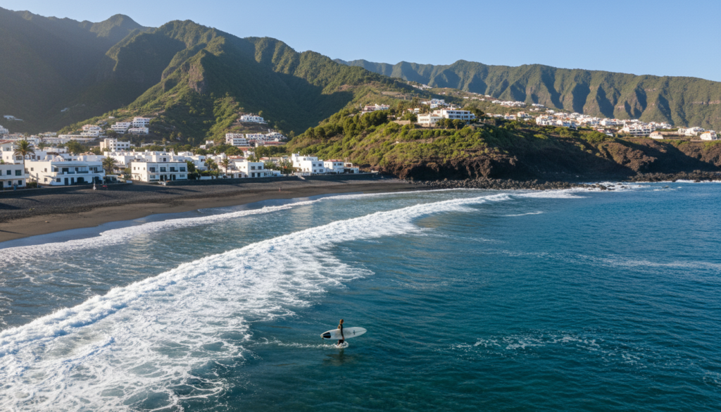 Surfer walking into the sea at a dark sand beach in Bajamar with green Anaga mountains behind, Tenerife