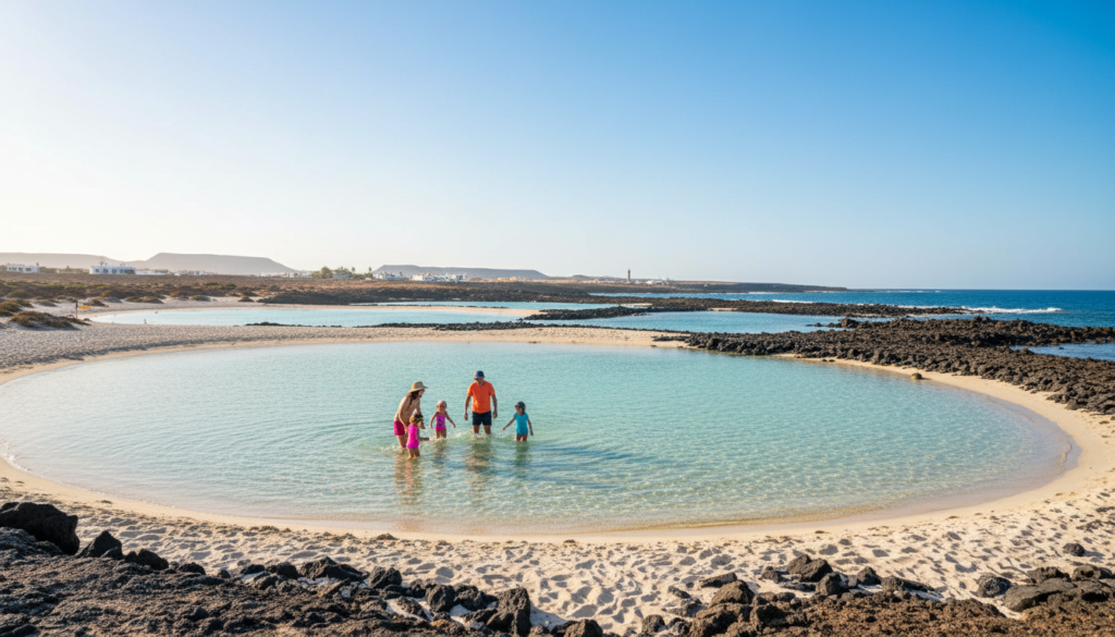 Calm shallow turquoise lagoons with white sand at El Cotillo in Fuerteventura
