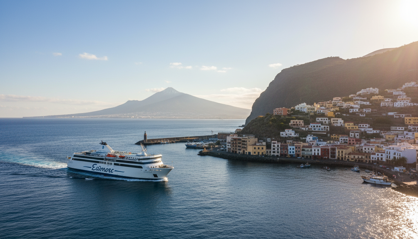 Ferry arriving at the harbour of San Sebastián de La Gomera with Teide visible across the sea