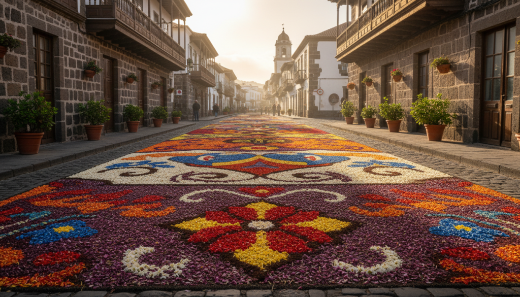Carpet made of flower petals on a cobbled street in the old town of La Orotava, Tenerife