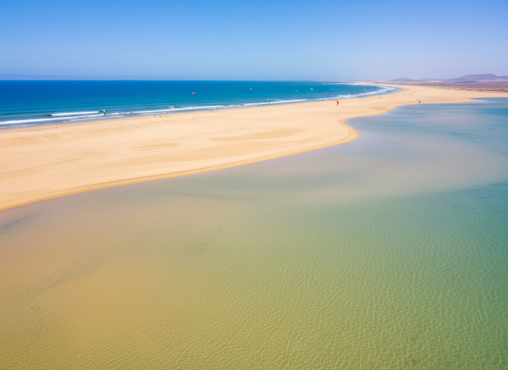 Turquoise lagoon and long golden beach at Sotavento in Fuerteventura with kitesurfers
