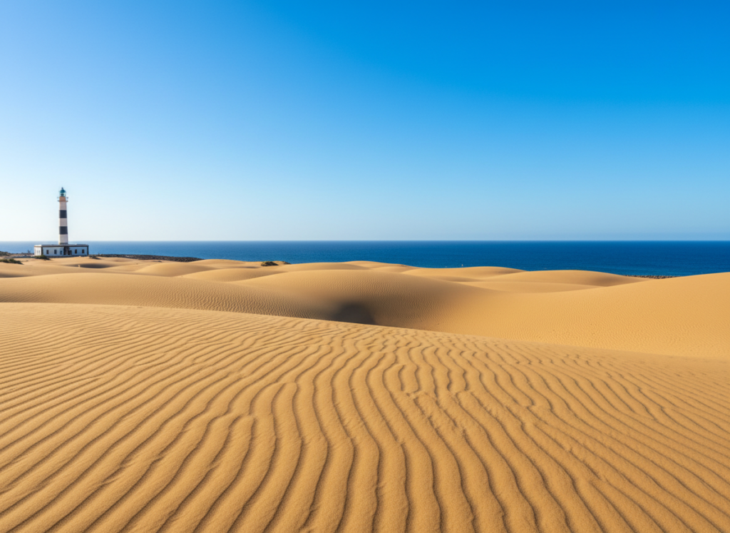Golden sand dunes of Maspalomas in Gran Canaria with the Atlantic Ocean behind