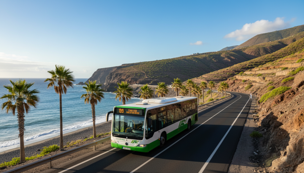 A green public bus, called a guagua, on a sunny coastal road in Tenerife