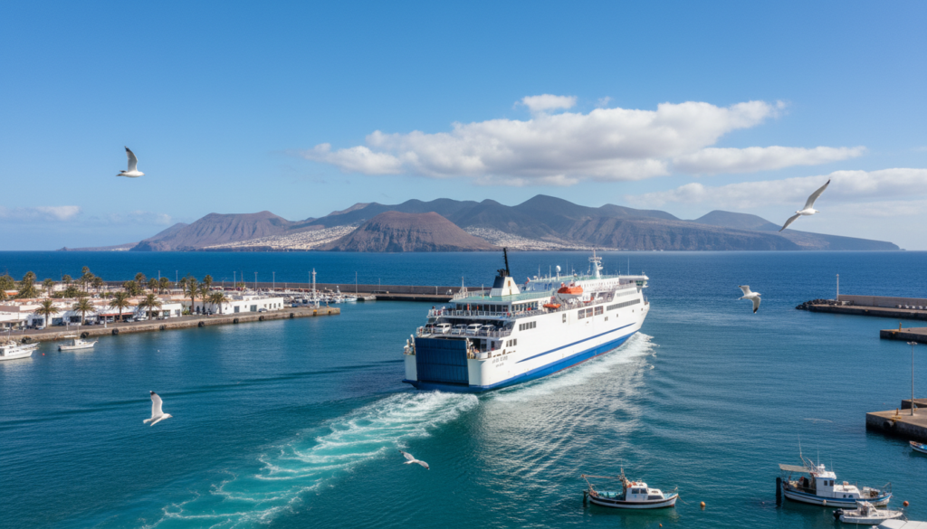 Ferry leaving a Canary Islands harbour with another island on the horizon