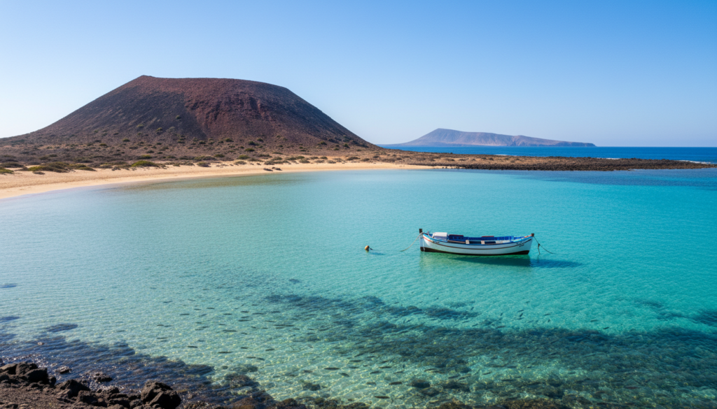 Small volcanic island of Lobos with a turquoise lagoon beach, seen from the sea off Fuerteventura