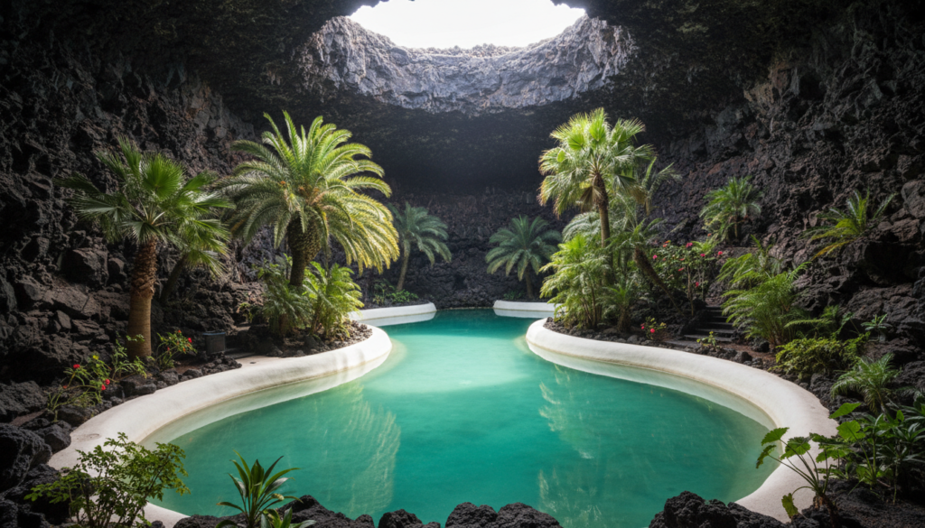 Turquoise pool, white walls and tropical plants inside the volcanic cave of Jameos del Agua, Lanzarote