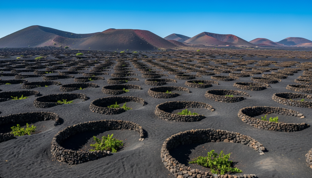 Vines growing in black volcanic ash hollows protected by stone walls in La Geria, Lanzarote