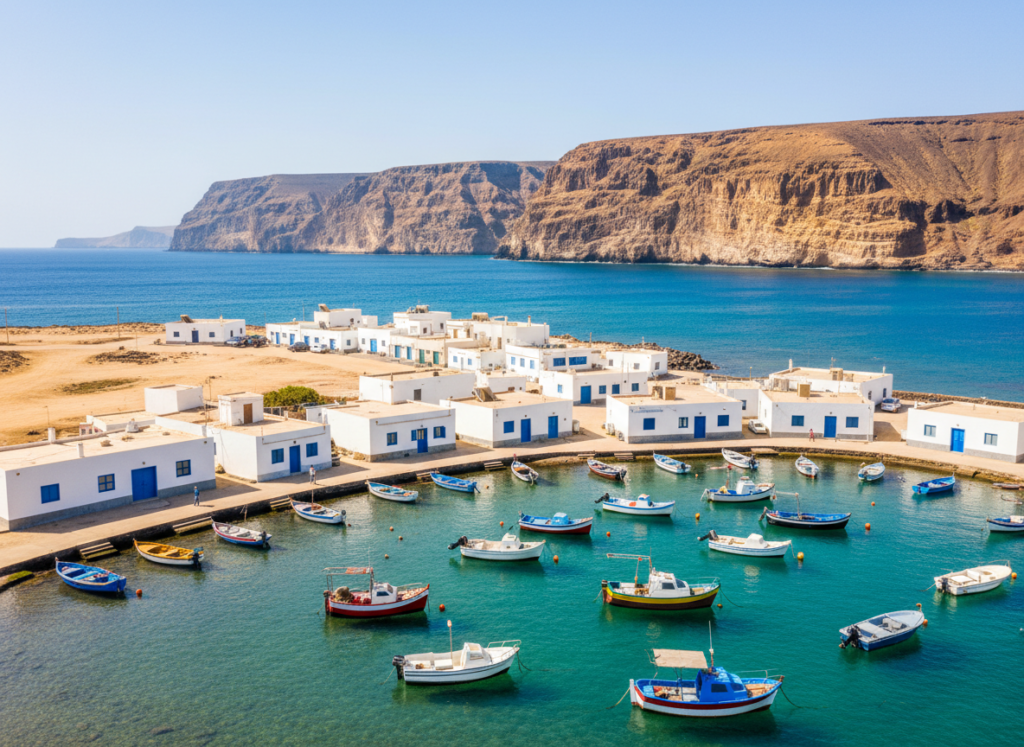 White houses and sandy streets of Caleta de Sebo on La Graciosa