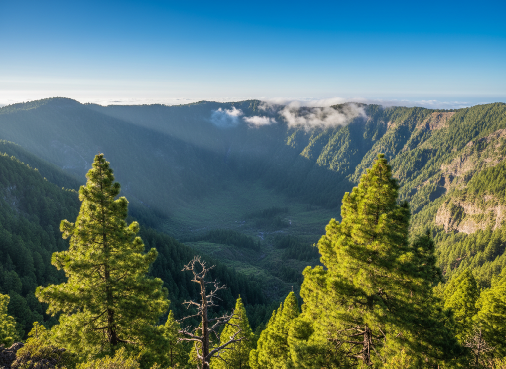 Green pine forest and the huge Caldera de Taburiente crater in La Palma