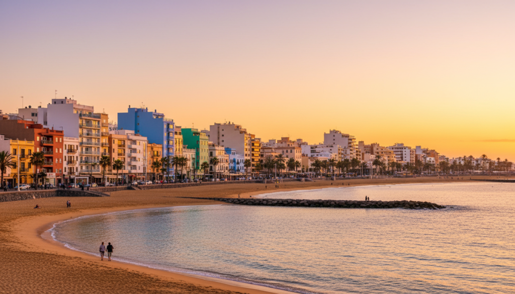 Las Canteras city beach and promenade in Las Palmas de Gran Canaria at sunset
