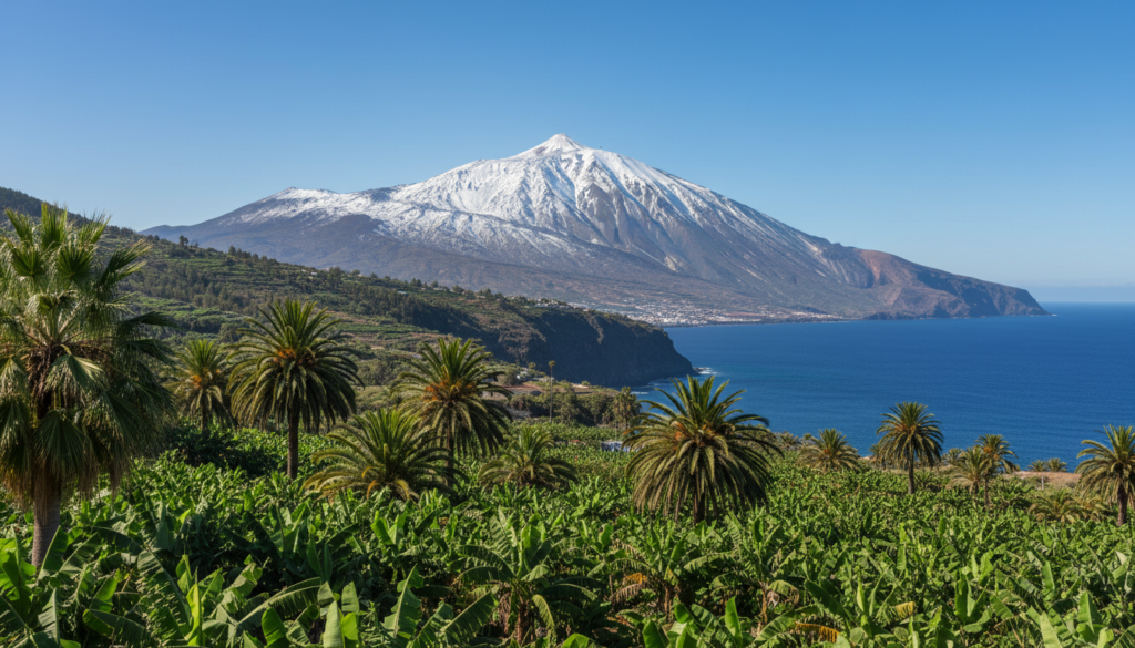 Mount Teide covered in snow in winter above the volcanic landscape of Tenerife