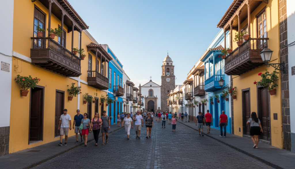 Colourful historic houses with wooden balconies on a pedestrian street in La Laguna, Tenerife