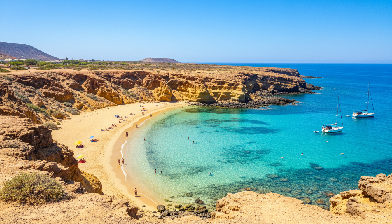 Golden cove of Papagayo beach with turquoise water and volcanic cliffs in Lanzarote