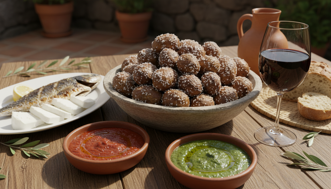 Canarian wrinkled potatoes with red and green mojo sauces on a rustic table
