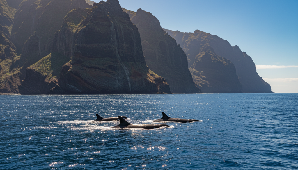 Pilot whales in the sea below the Los Gigantes cliffs on the west coast of Tenerife