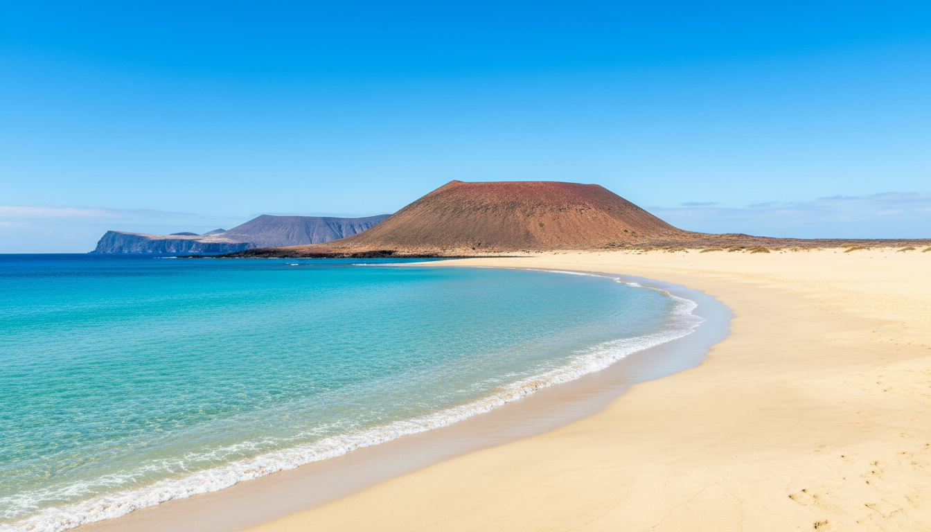 Wide white-golden sand beach with turquoise water and a volcano behind at Playa de las Conchas, La Graciosa