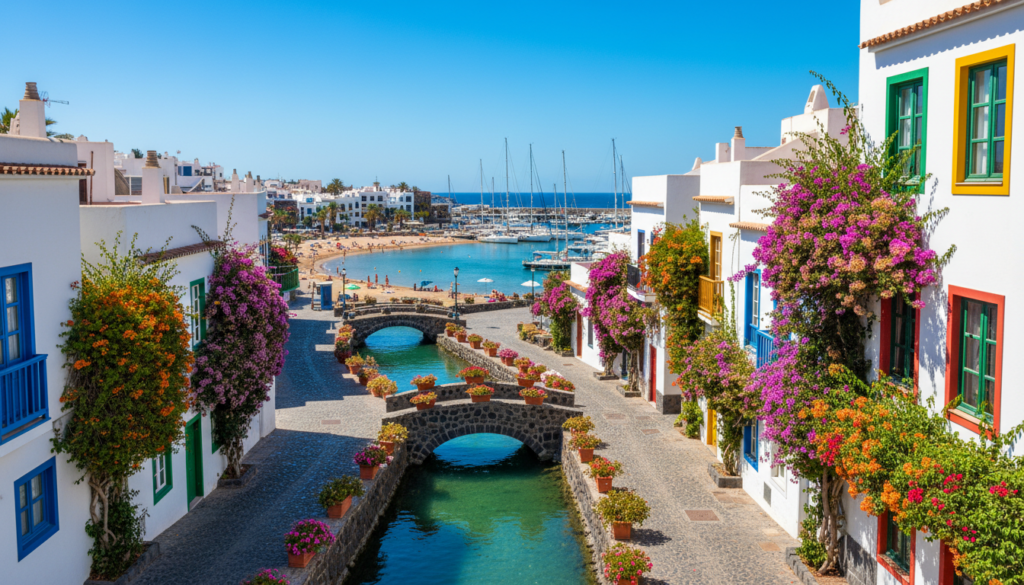 White houses with colourful trim, flowers and boats in the harbour of Puerto de Mogan, Gran Canaria