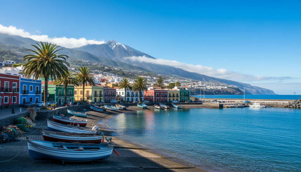 Seafront of Puerto de la Cruz on the north coast of Tenerife with Mount Teide behind