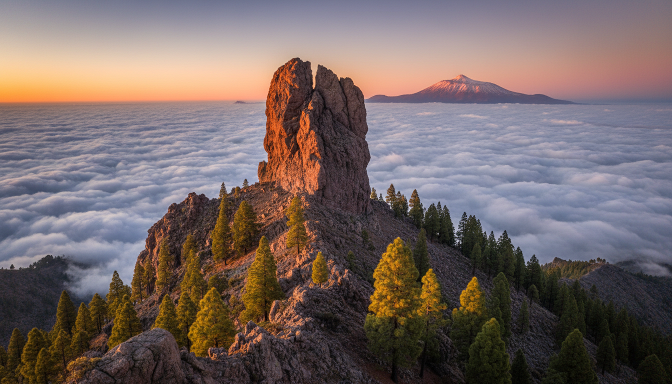 Roque Nublo rock monolith above a sea of clouds in the mountains of Gran Canaria