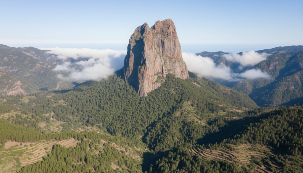 The volcanic rock tower of Roque de Agando above green forest in La Gomera