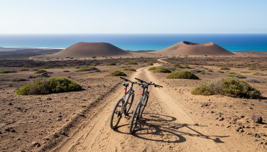 Bicycles on a sandy track crossing the volcanic landscape of La Graciosa, with no paved roads