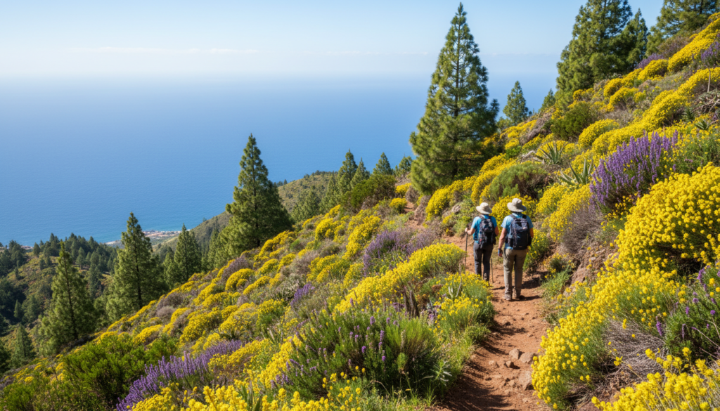 Hikers on a green mountain trail with wild flowers and sea views in spring, Canary Islands