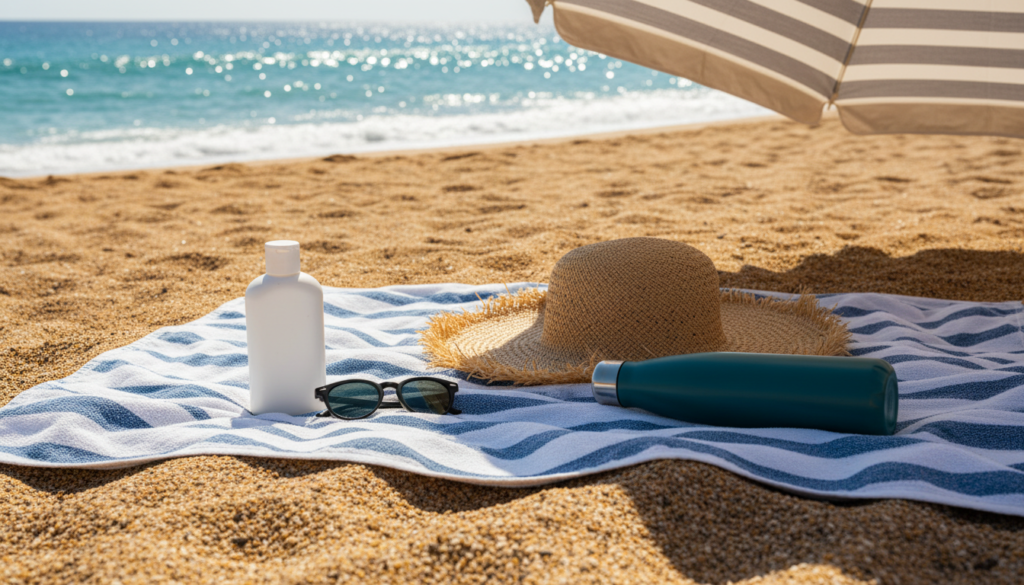 Sun cream bottle, hat, sunglasses and water on a towel on a sunny Canary Islands beach