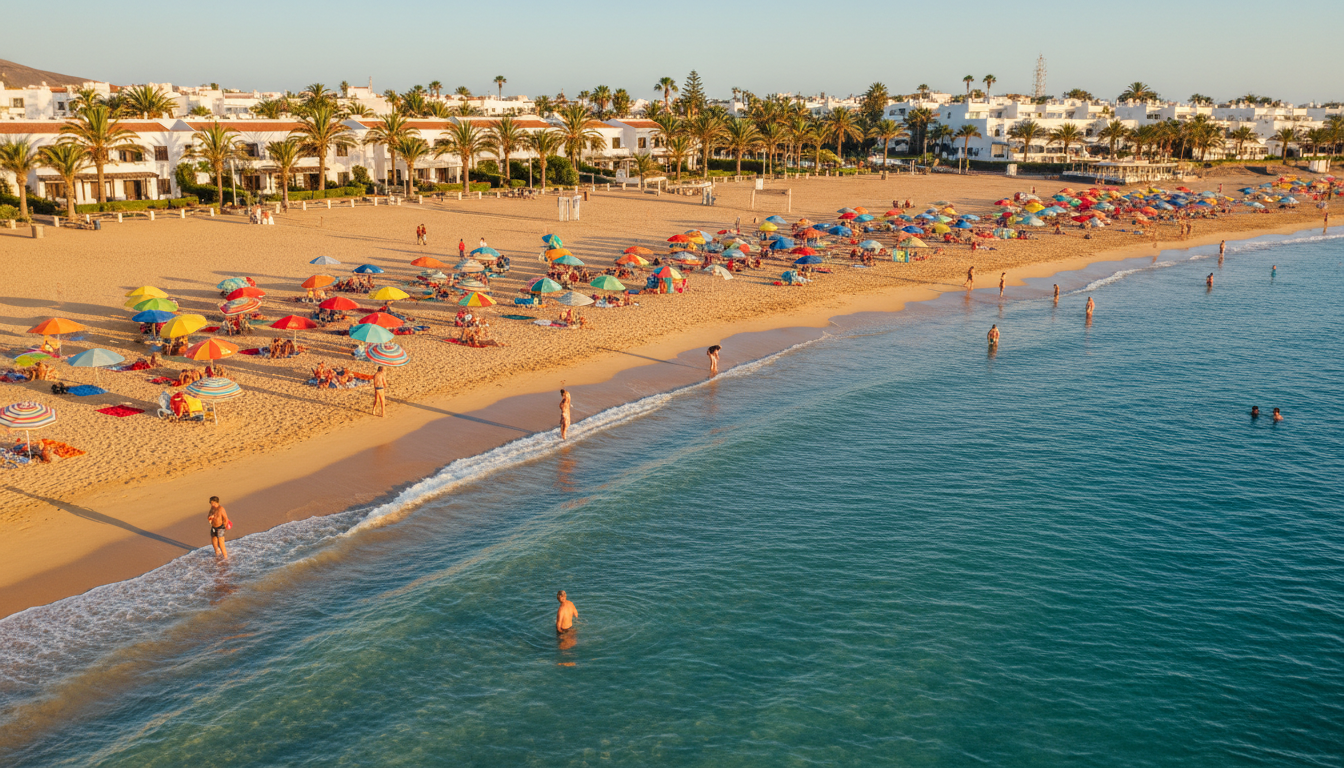 Colourful parasols on a sunny Canary Islands beach with clear blue water