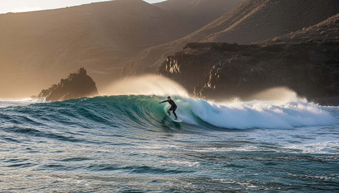 Surfer riding a blue Atlantic wave in the Canary Islands