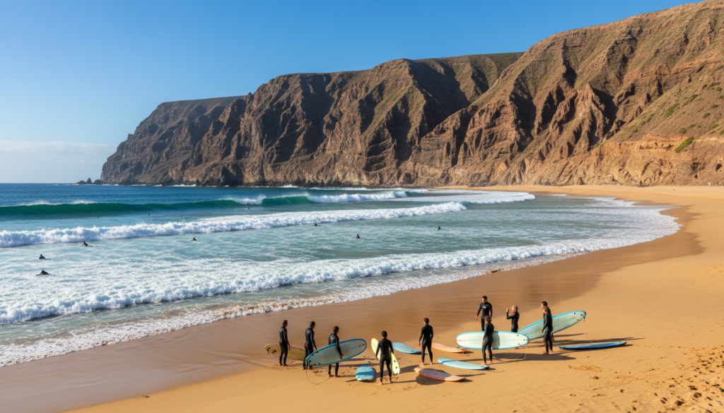 Surfers in the water at Famara beach under the huge Famara cliffs in Lanzarote