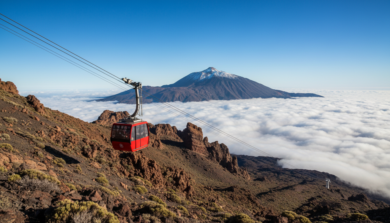 Red cable car cabin climbing towards the summit of Mount Teide in Tenerife