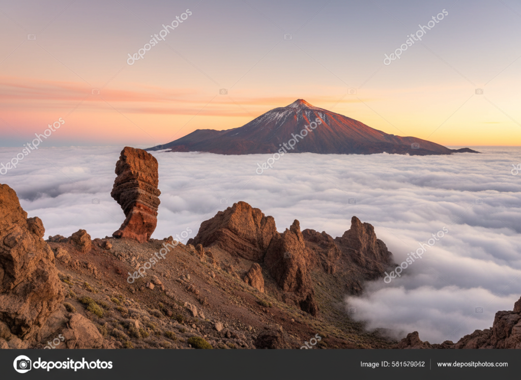 Mount Teide rising behind the Roques de Garcia rock formations in Teide National Park