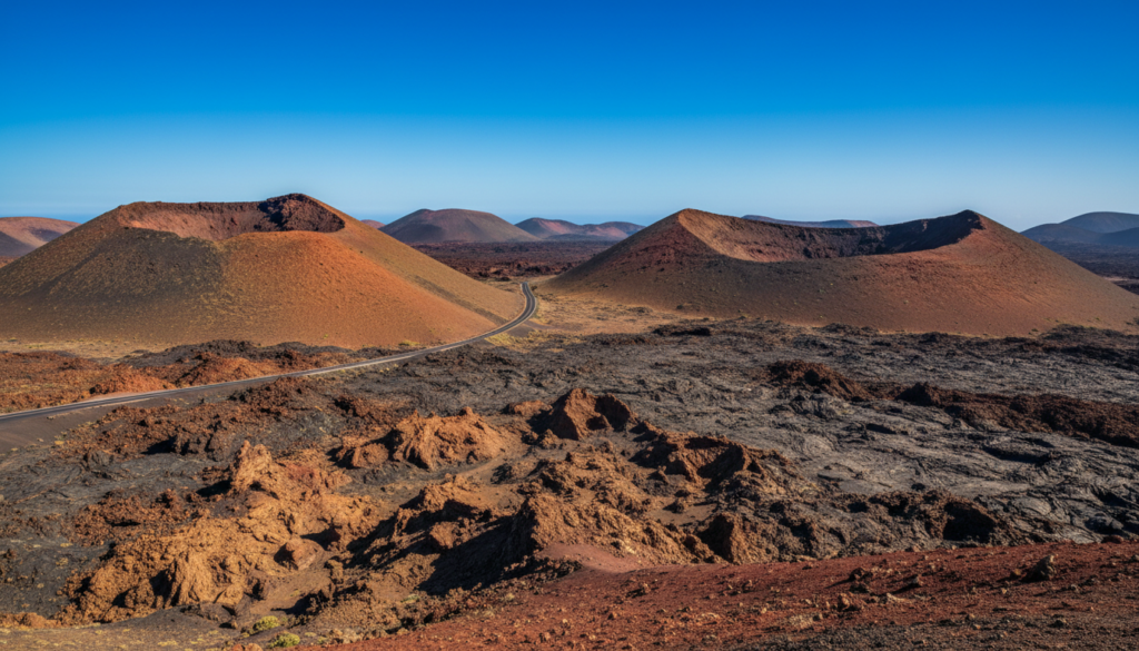 Red, orange and black volcanic craters of Timanfaya National Park in Lanzarote
