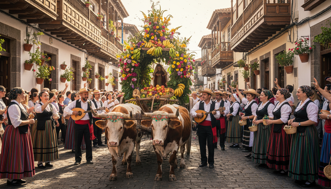 Decorated ox cart and people in traditional Canarian costume at a romería in Tenerife