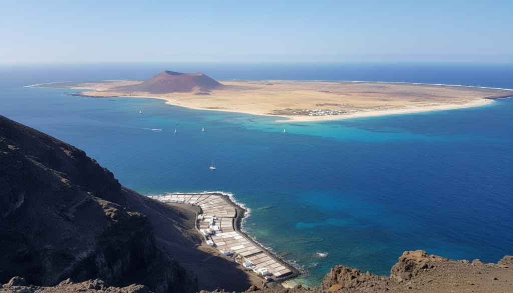 View from the Mirador del Río cliffs in Lanzarote over the sea to the island of La Graciosa