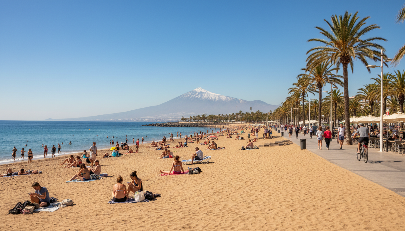 Sunny beach in the south of Tenerife in winter with snow on Mount Teide in the distance